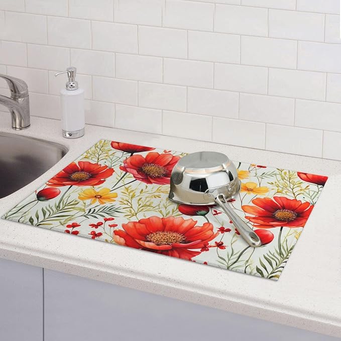 Watercolor Poppy Flower Dish Drying Mat For Kitchen Counter Absorbent Large Kitchen Fast Dry Pad Reusable Washable Protector Rack Large Mat 18 X 24