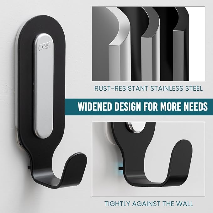 TAILI Damage-Free Hanging Metal Hooks with Adhesive Strips, 2 Hooks and 2 Strips, Heavy Duty Wall Hooks for Home Storages and Decorations