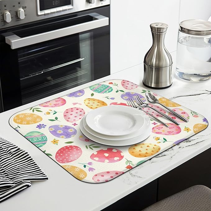 Easter Dish Drying Mat for Kitchen Counter,Happy Easter Cute Bunny Microfiber Drying Mat,Washable Absorbent Kitchen Countertop Dish Mat Drain Pad 16×18 Inch