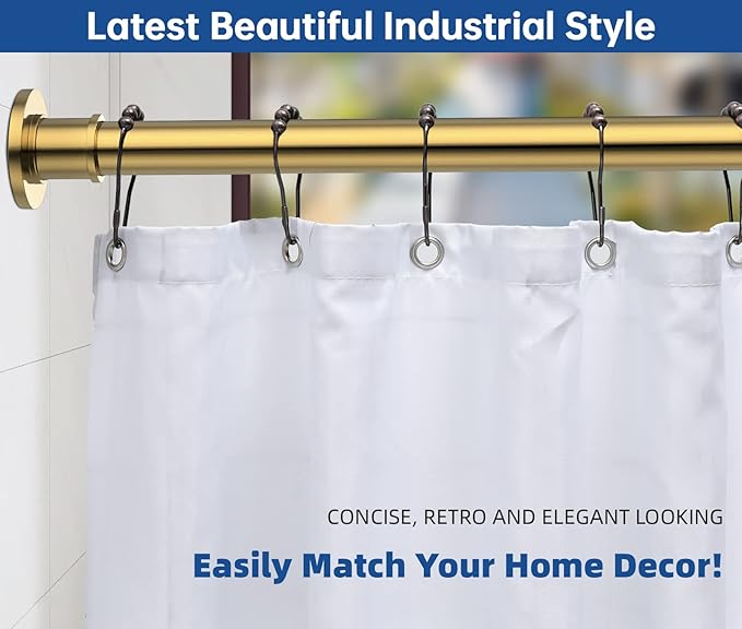 BRIOFOX Industrial Shower Curtain Rod - Rustproof Non-Slip 43-72 Inches Tension Curtain Rod for Window or Bathroom, Sunglow Gold