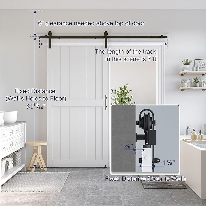 SmartStandard 40 x 80 inch White Sliding MDF Barn Door with 7FT Black Sliding Door Hardware Kit & Handle, Pre-Drilled Ready to Assemble, Waterproof PVC Coating, H-Frame