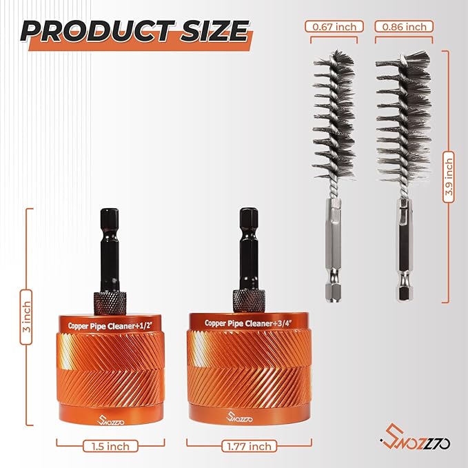 1/2" & 3/4" Metal Copper Pipe Cleaner Set,2PCS Replacement Blades provided per Size,Include 4PCS Stainless Steel Wire Bore Brush,for Cleaning Rust, Stains, Paint on Copper Pipe & Various Metal Pipes
