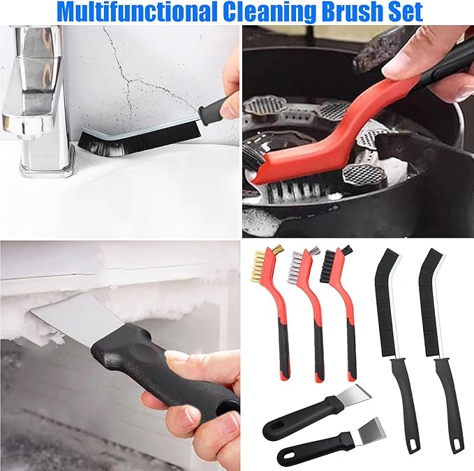 7 Pcs Hard Bristle Crevice Cleaning Brush Kitchen Stove Cleaning Brush Scraper Tool Set, Dead Corners Cleaner Brush for Kitchen Bathroom Toilet Crevice (7 Pcs Versatile Cleaning Set)