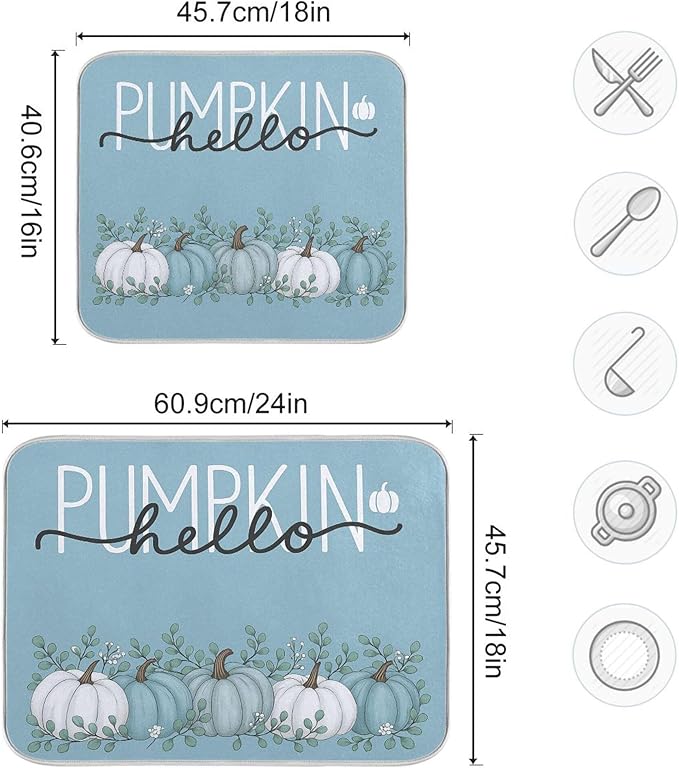 Fall Pumpkin Aqua Blue Dish Drying Mat for Kitchen Countertop 16x18 Eucalyptus Leaves Turquoise Autumn Small Drying Mat Reusable Quick Dry Dish Sink Mats Easy Clean Decorative Essentials