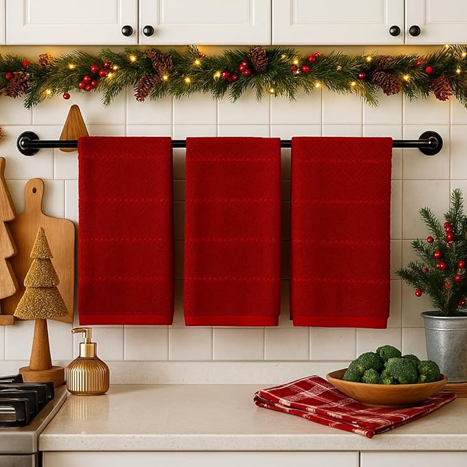 Maroon Dark Red Brick Red Kitchen Hand Dish Towels: Oversized 28" x 18",100% Cotton Cloth Soft Cleaning Drying Absorbent Textured Design, Set of 3 Multipurpose for Everyday Use (Brick Red)