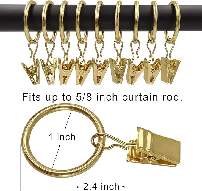 44 Pack Metal Curtain Rings with Clips, Drapery Clips with Rings, Drapes Rings 1 inch Inner Diameter, Fits Diameter 5/8 inch Curtain Rods, Gold