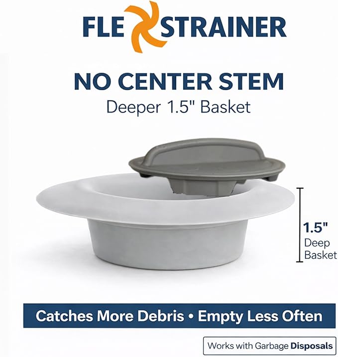 Flex Strainer® Sink Drain Strainer with Optional Stopper – No Center Stem, Fits Standard 3½” Sink Drains & Disposals – Easy Clean, Dishwasher Safe – Made in USA (1, Grey)