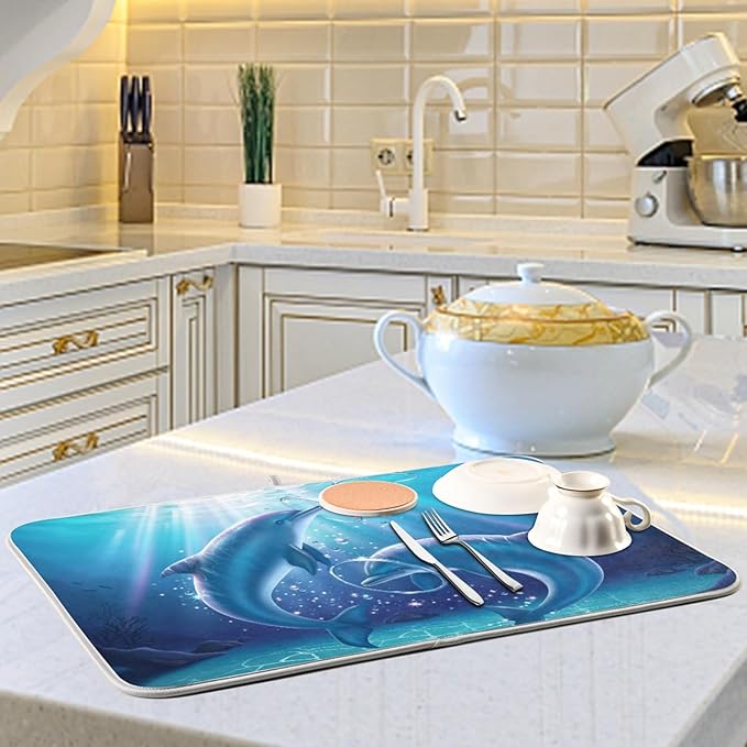 Tarity Lovely Dolphins Dish Drying Mat for Kitchen Counter Absorbent Heat Resistant Microfiber Dishes Drainer Mat 18x24 in Large Dish Pad Sink Mat Protective Pad Kitchen Decor