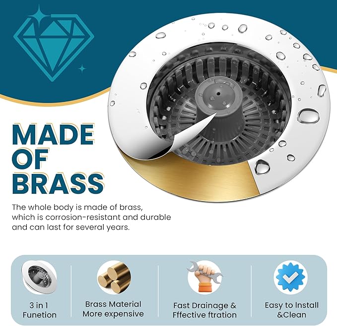 3-in-1 Kitchen Sink Strainer & Stopper, Stainless Steel Finish Pop Up Drain Plug – Anti-Clogging Food Catcher with Brass Core – Fits Standard 3.5 Inch Drain, Heavy Duty Replacement