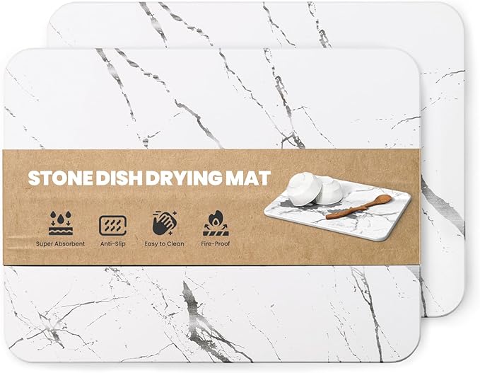 2 Pack Quick Dry Stone Drying Mat for Kitchen Counter, Water-Absorbent Diatomaceous Dish Drying Mats, Multi-Purpose Stone Drying Tray for Cups Dishes Bottles, White-Marble