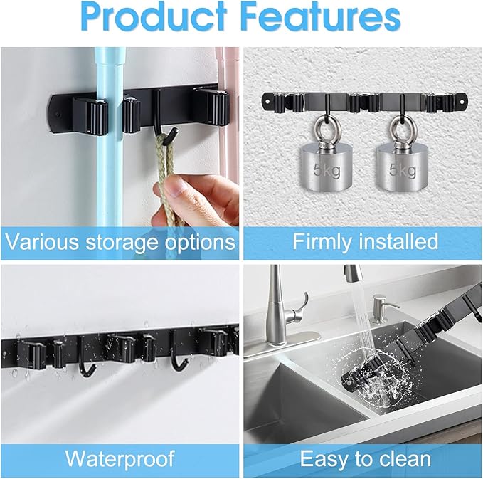 Huryfox Mop and Broom Holder Wall Mounted - Sturdy Stainless Steel Rack with Utility Hooks, 5 Racks, 4 Hooks Adjustable Design and Multiple Storage Organiser Options, Perfect for Kitchen