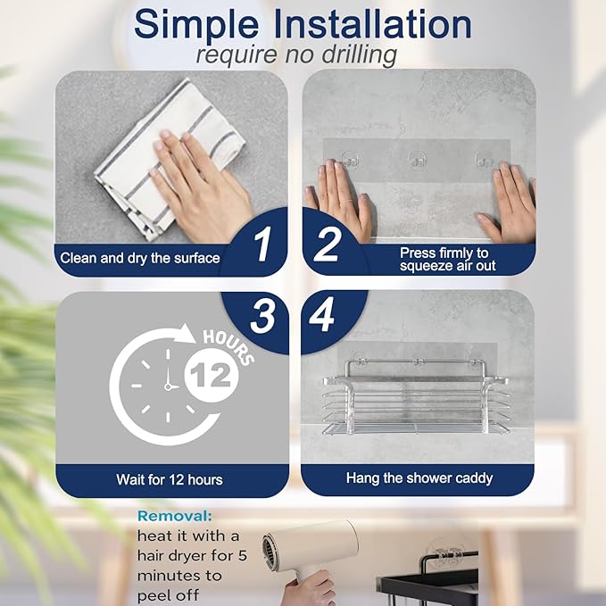 Shower Caddy Adhesive Replacement, 4 Pack Strong Adhesive Shower Hooks, Water-Proof Shower Adhesive Strips, No Drilling for Corner Shelf Basket, Bathroom Storage Shelves and Kitchen Racks