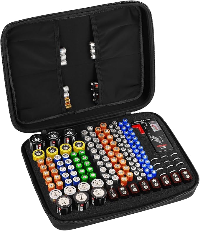 Battery Organizer Storage Box, Battery Vault Case Waterproof Explosionproof Holder Box, Batteries Carrying Case Container Bag (Holds 148 Batteries AA AAA C D 9V)（No tester included）