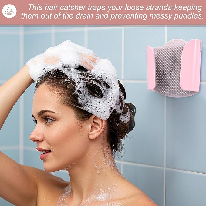 Shower Wall Hair Catcher - Reusable Hair Trap for Drain Protector, Hair Collector with Silicone Bristle, Shower Drain Hair Catcher for Bathroom Bathtub, Easy to Clean & Detachable, Pink