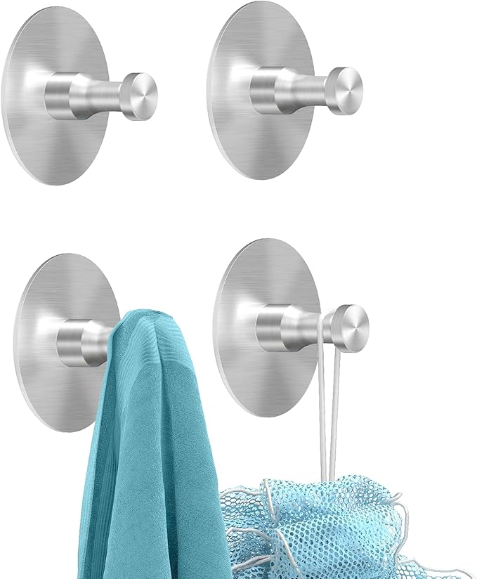 Adhesive Hooks for Walls No Damage 4 PCS, Heavy Duty Aluminum Strong Adhesive Towel Hooks for Bathrooms for Inside Shower for Hanging Loofah, Clothes, Robes