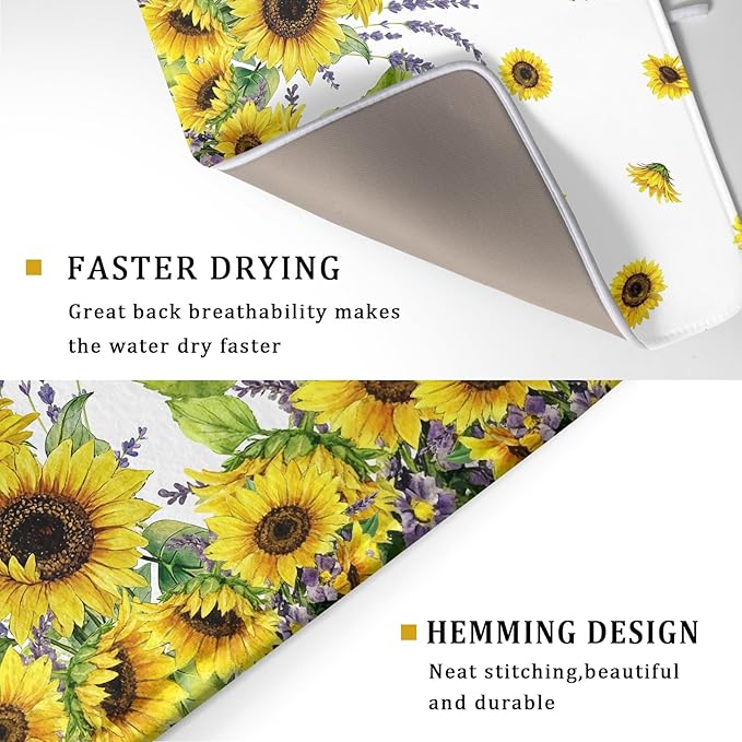 Sunflower Dish Drying Mat for Kitchen Counter 24x18 Inch Floral Lavender Drying Mat with Absorbent Reversible Microfiber Season Spring Summer Dish Drainer Mats Rack Pad for Coffee Countertop Protector