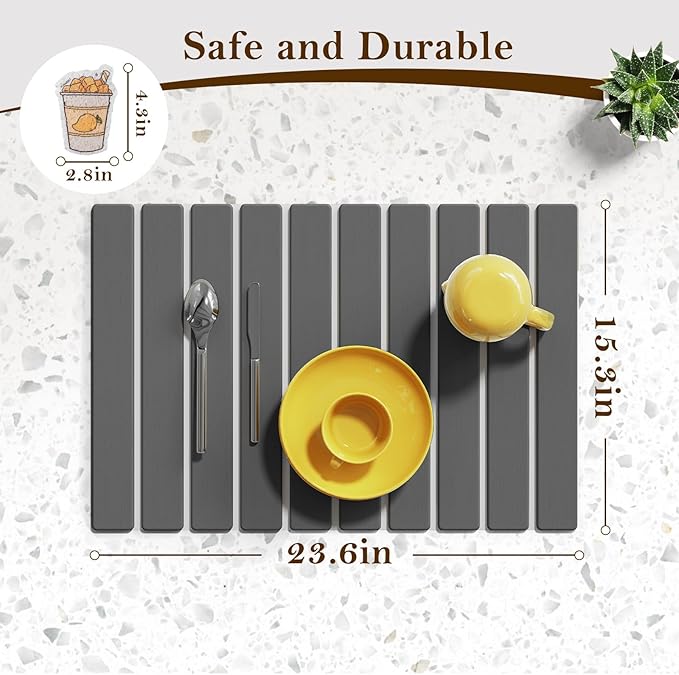 Stone Dish Drying Mats for Kitchen Counter-23.6“x 15.3”,Eco-Friendly,Foldable quick dry stone mat kitchen,Absorbent Diatomaceous Earth Mats for Dishes Bottles Cups Bathroom Any Countertop-Dark Gray