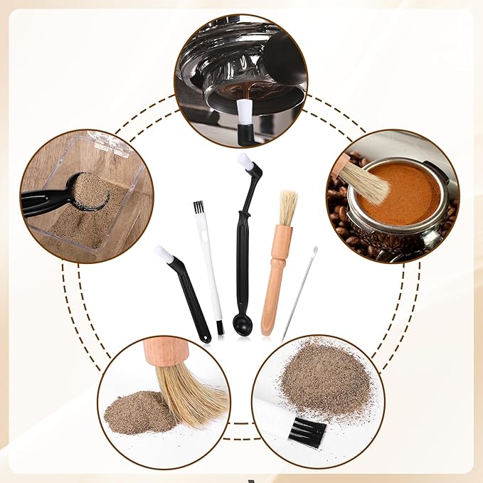 5 Pcs Coffee Brush Set Professional Espresso Brushes Kit Includes Wooden Coffee Grinder Machine Cleaning Brushes Nylon Espresso Brush Coffees Machine Group Head for Barista Home Kitchen Machines Wash