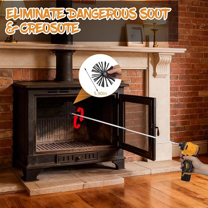 20 Feet Chimney Sweep Brush Kit - 15 Flexible Extendable Rods with Two Sizes Brush Heads for Efficient Fireplace and Stove Maintenance (4/6in)