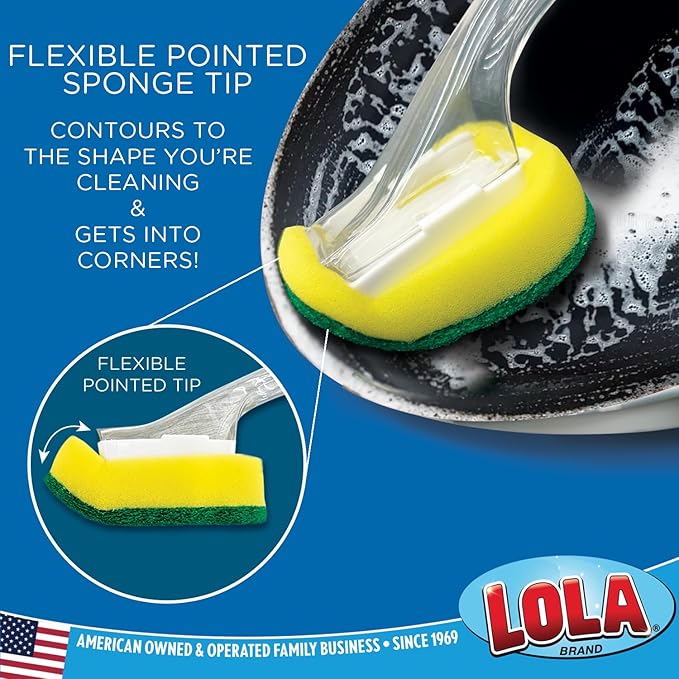 LOLA Dish Brush w/Soap Dispenser Wand, 1 Brush w/Head & 6 Refills, Absorbent Sponge Scrubber, No Leaking. Clean Dishes, Sinks and Cookware
