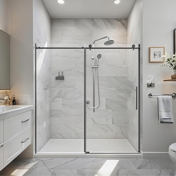 56-60" W x 76" H Stainless Steel Frameless Single Sliding Shower Door, 1/4" (6mm) SGCC Clear Tempered Glass, Reversible Installation, Matte Black Finish