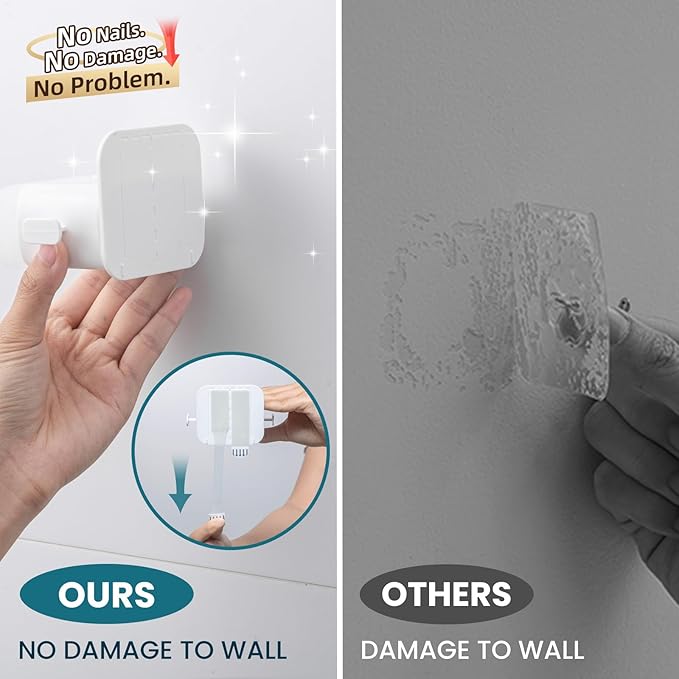 TAILI Mop and Broom Holder Wall Mount Grippers, 2 Hangers and 6 Adhesive Strips, Damage Free Hanging Wall Mount, Household Cleaning Organizer for Organization and Storage, Holds up to 4 lbs, White