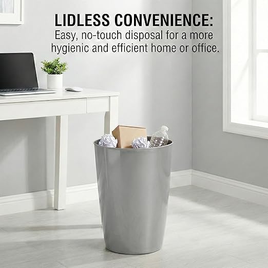Mini Waste Basket - Durable Small Plastic Garbage Trash Can Bin - Lidless Open-Top, Slim Profile for Compact Spaces - Suitable for Home, Bathroom, Office, Bedroom, Kitchen and More, Silver Brushed