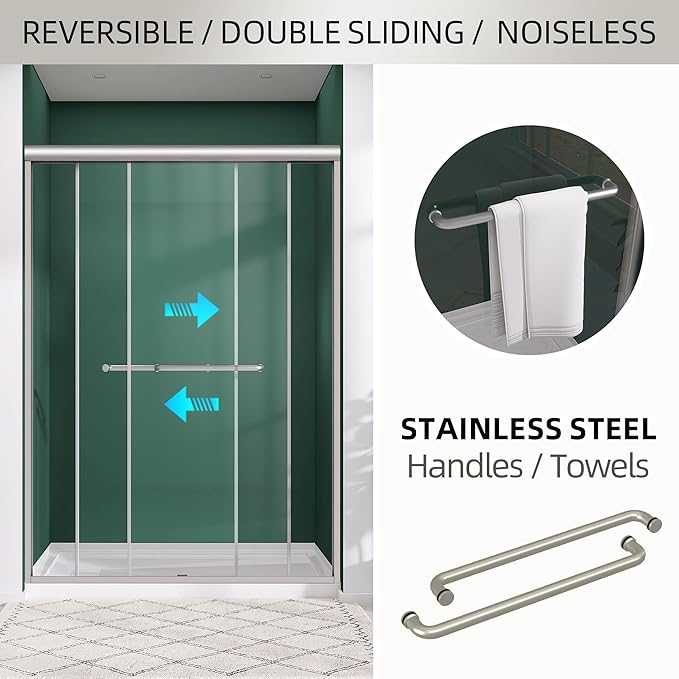 GETPRO Shower Door 50-54 in. W x 75 in. H Double Sliding Glass Shower Doors Semi-Frameless Bypass Glass Door for Walk-in Shower with 5/16 inch Tempered Glass Brushed Nickel Hardwares