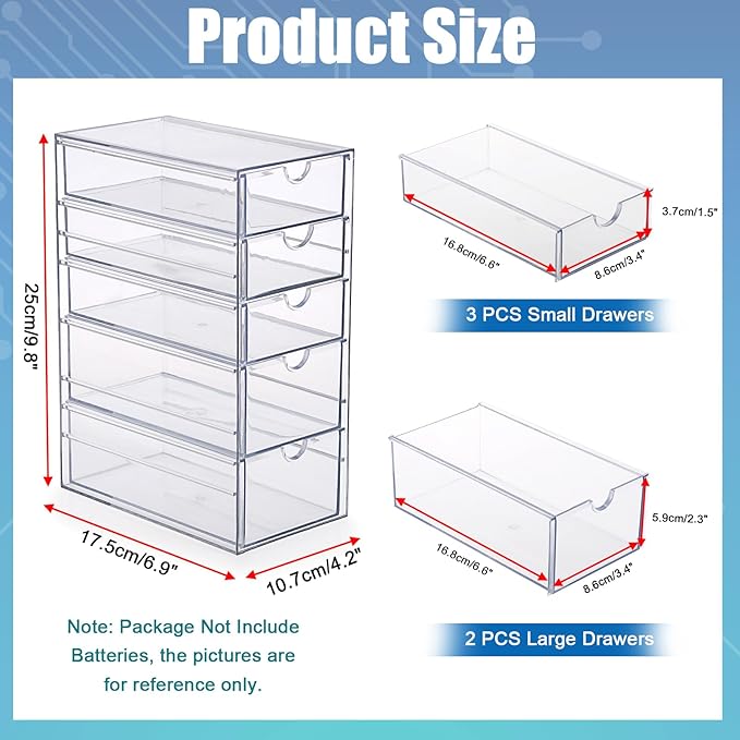 BTSKY Clear Plastic Battery Storage Organizer for AA, AAA, 9V, C, D Batteries, 5-Drawer Storage Box Battery Holder Organizer for Common Types Batteries, Household Container(Batteries Not Included)