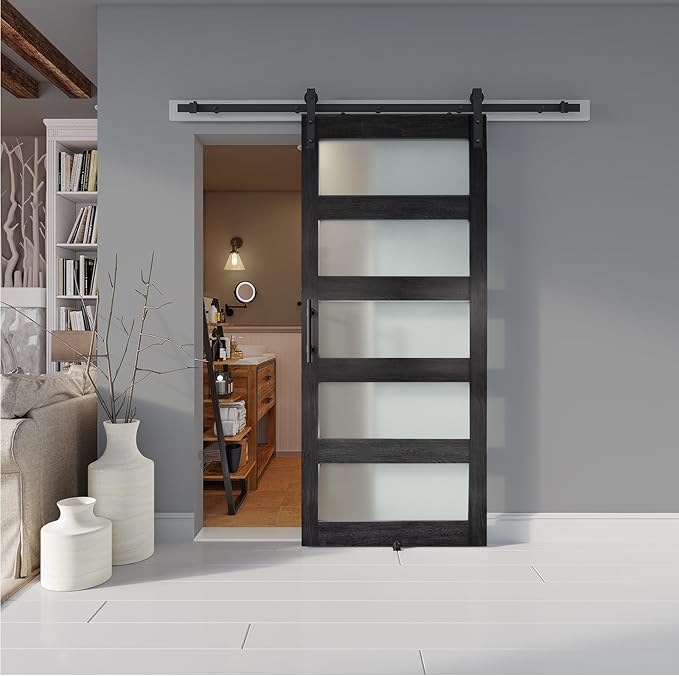 32'' x 84'' Glass Barn Door and 6 Ft Hardware Kit Included, MDF White Barn Door Slab with Frosted Glass, PVC Surface, Combined with Handle and Floor Guide-Assembly Required, Dark Grey