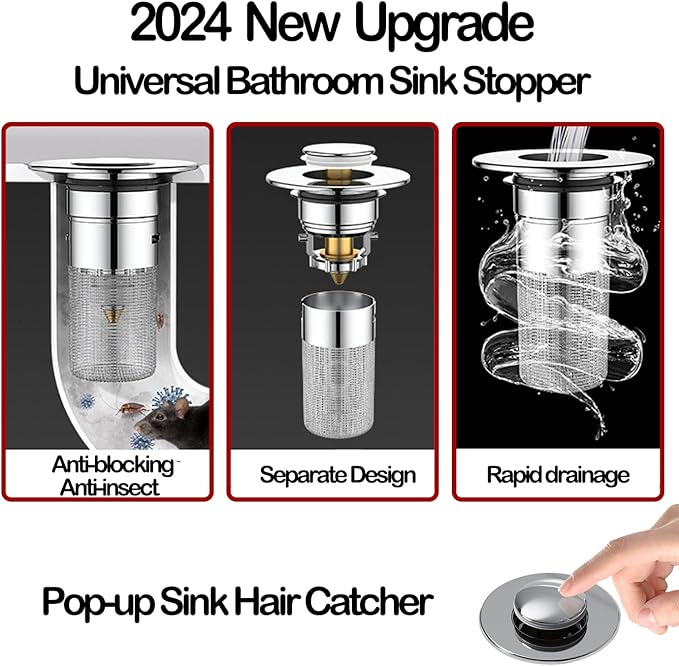 Pop Up Bathroom Sink Drain Strainer Hair Catcher, Sink Drain Stopper with Removable Stainless Steel Filter Basket, for US Universal Bathroom Kitchen Basin Sink Stopper Replacement, Silver