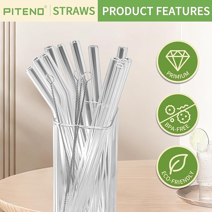 Piteno® 16-Pack Reusable Glass Straws Set, Clear Glass Drinking Straws, 8.5''x10MM, Set of 6 Straight and 6 Bent with 4 Cleaning Brushes, Perfect for Smoothies, Milkshakes, Juice, Tea