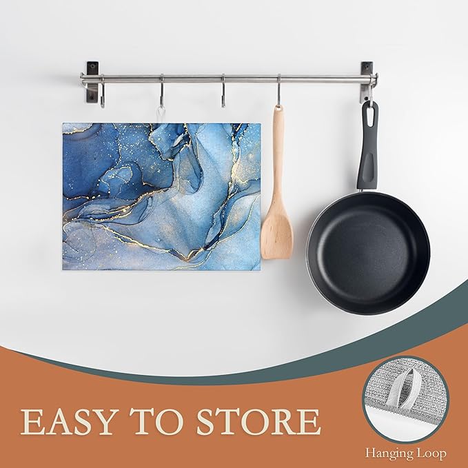 Blue Gold Marble Dish Drying Rack Mat for Kitchen Counter, Dish Drying Pad Absorbent Reversible Microfiber Protector for Coffee Bar Sink Countertops 18x24 Inch