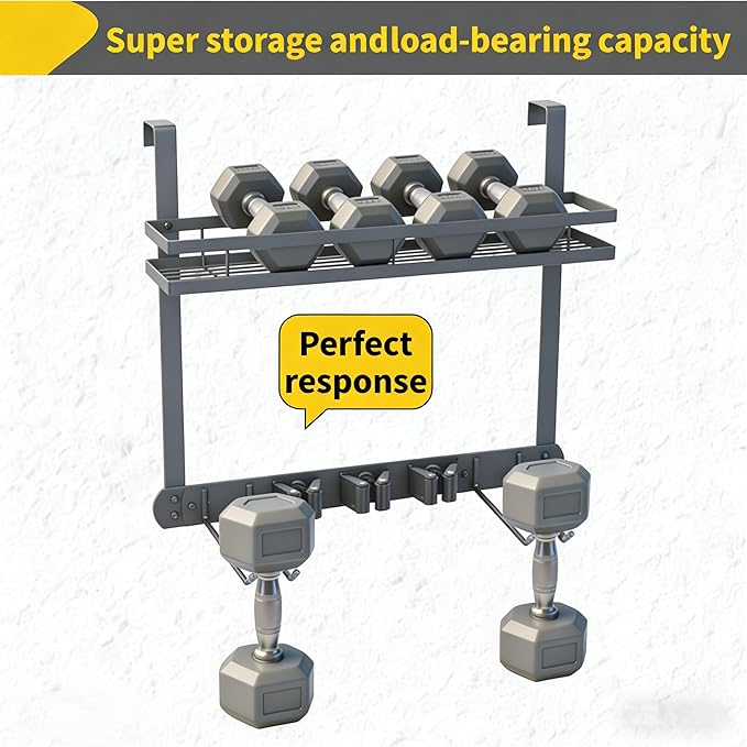 Broom Holder Door Mount,Door Mounted Broom and Mop Holder with Dual Tool Hooks, Three Slots, and One Tool Storage Basket For Laundry Room, Garage, Closet, warehouse, Kitchen Decor (grey)