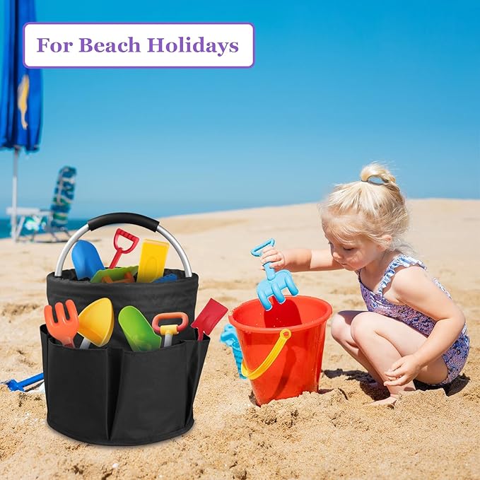 17L Cleaning Caddy with Handle and 6 Pockets, Foldable Cleaning Supply Caddy, Portable Shower Caddy in 600D Oxford Fabric, Multifunctional Storage Basket for Camping, Gardening, Black