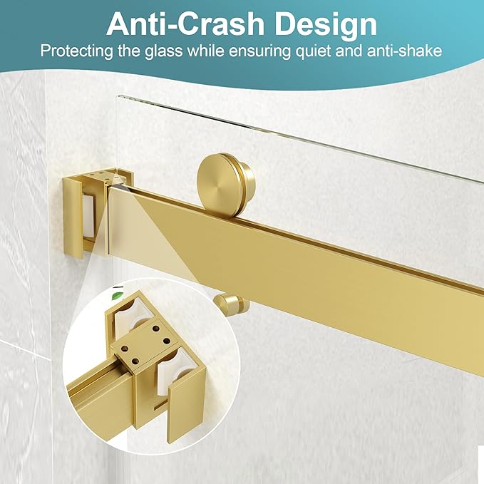 KPUY Frameless Shower Door, 49-54" W x 76" H Double Sliding Glass Shower Door, 1/4" (6mm) Thick Tempered Clear Glass with Explosion-Proof Film Nano Coating, Brushed Gold