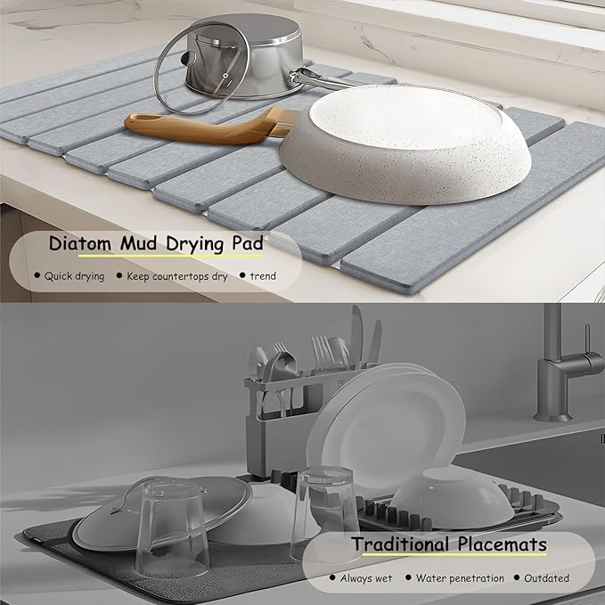 Stone Dish Drying Mat For Kitchen & Bathroom - Diatomaceous Earth, Quick Dry, Collapsible, Non - Slip Pvc, Rounded Corners, 15.7 X 11.8 IN, Absorbent, Natural Material For Dishes, Cups & More