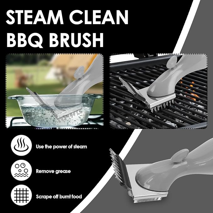 Portable Steam Grill Brush, Portable Stainless Steel BBQ Cleaner for Cast Iron, Ceramic Grills for Outdoor