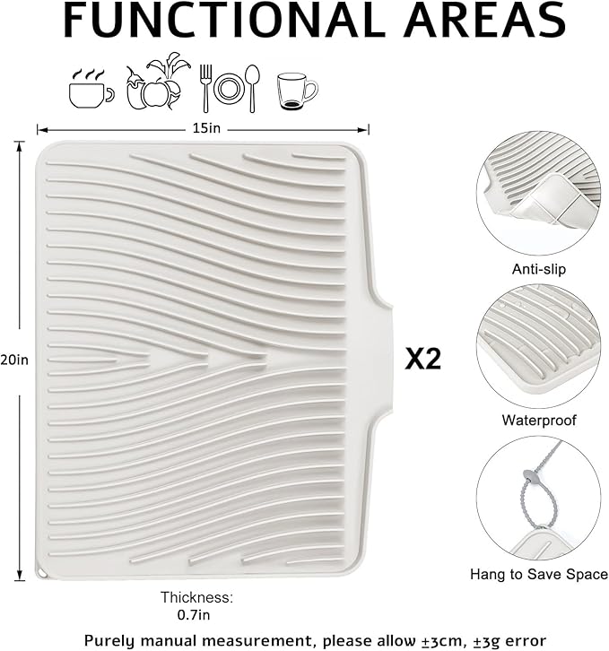 Silicone Dish Drying Mat, Stone Drying Mat for Kitchen Counter with Built-In Drain, Non-Slip Drain Pad with Built-in Drain, Heat Resistant Stone Drying Mat, Cream-2pcs, 20" x 15"