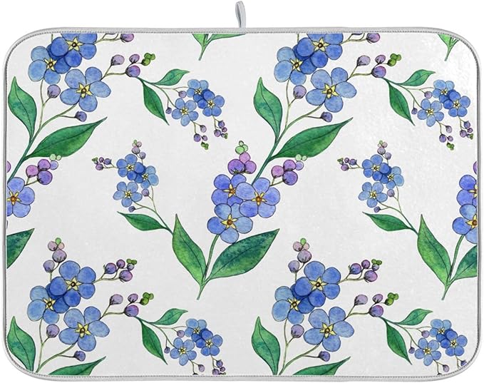 Blue Forget-me-not Flowers Dish Drying Mat for Kitchen Counter 18x24 inch Super Absorbent Drying Mat Large Dish Drying Mats for Kitchen Countertop Protector Dishes Pad