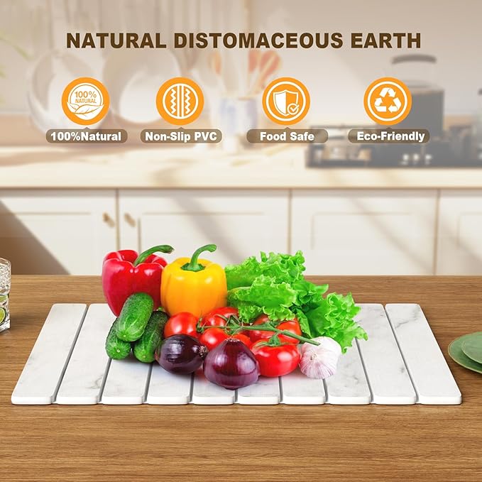 Dayacoco Stone Drying Mat for Kitchen Counter, Large Quick Dry Stone Mat, Collapsible Diatomaceous Earth Mats for Dishes Bottles Cups, Fits Any Countertop,23"×15.3",White gray