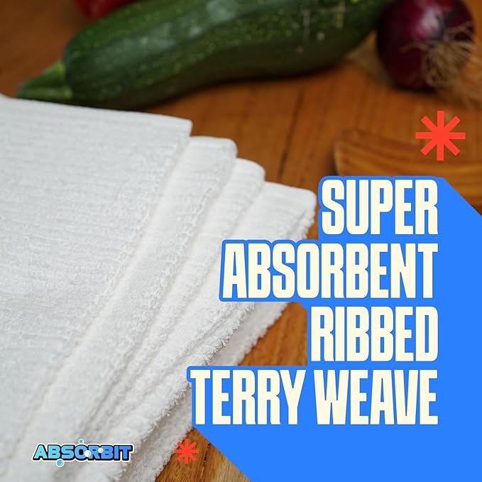 Absorbit Bar Mop Towels 100% Cotton 16x19 (12 Pack) Super Absorbent, Bleach Safe, No Fray Ribbed Terry Cloth