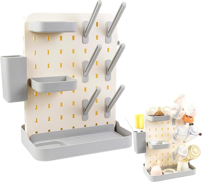 Baby Bottle Drying Rack Space Saving Countertop Vertical Rack with Brushes Holder (Gray)