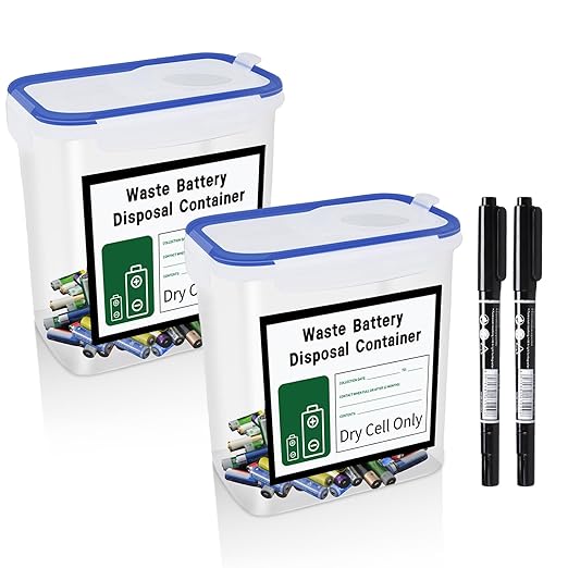 2 Pack Battery Disposal Container,Used Battery Containers with Label and Date Recording Pen,Small Battery Processing Organizer Container