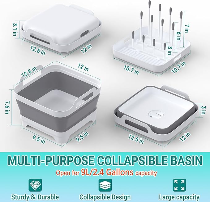 Collapsible Wash Basin for Baby Bottles with Drying Rack – 2.4 Gallon Foldable Dish Tub with Handles, Portable RV Camping Sink & Space-Saving Wash Bin with Lid for Kitchen, Travel & Outdoor