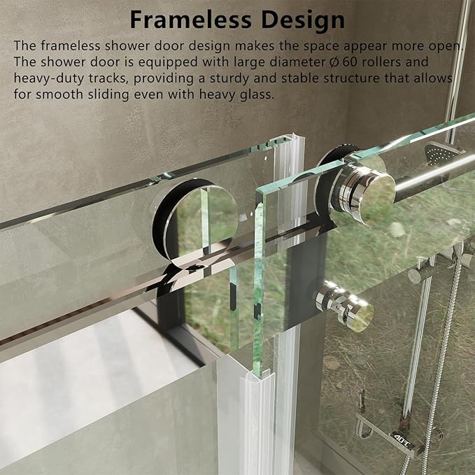 Frameless Soft Close Shower Door, 46"-48 "W, 76 "H, 3/8" (10mm) Clear Tempered Glass, Double Sliding Doors, Chrome Finish.