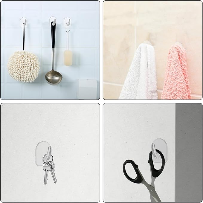 cobee 40 Pcs Clear Adhesive Wall Hooks for Hanging, Removable Seamless Hooks Reusable Sticky Utility Hook with Non Marking Sticker Plastic Acrylic Sticky Hangers for Office Home Kitchen Bathroom