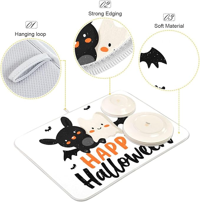 Happy Halloween Dish Drying Mat for Kitchen Counter Super Absorbent Drying Mat 18x24 inch Large Dish Drying Matts for Countertop Protector Dishes Pad