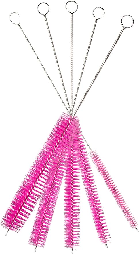 10" Tube Cleaning Brush Set, 5 Pack Large, Extra Long Nylon Straw Brushes with Flexible Handles for Bottles, Cleaning Straws, Pipe Cleaners, Keyboard, Glass, Guns, Detailing and Deep Cleaning, Pink