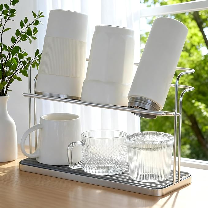 Bottle Drying Rack,Coffee Mug Holder with Drain Tray for Coffee Cup,Water Cup(Silver)